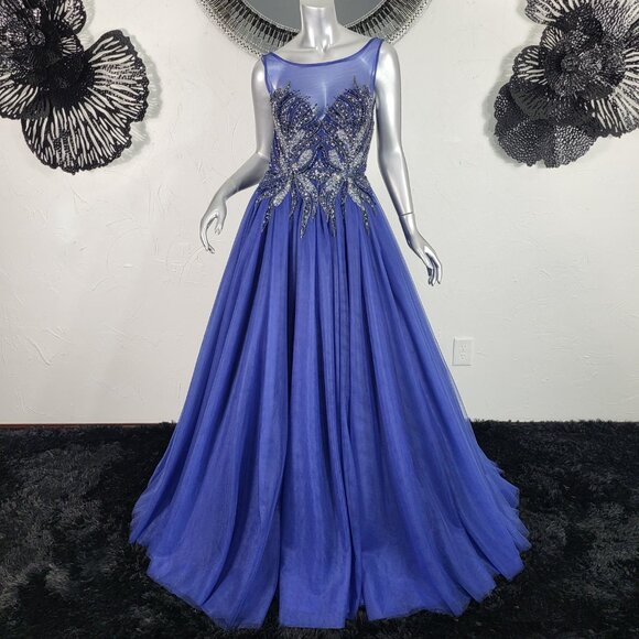 NWT~$625~FLAIR~6~BLUE BEADED EMBELLISHED FIT & FLARE PROM BALL GOWN MAXI DRESS - Picture 6 of 16